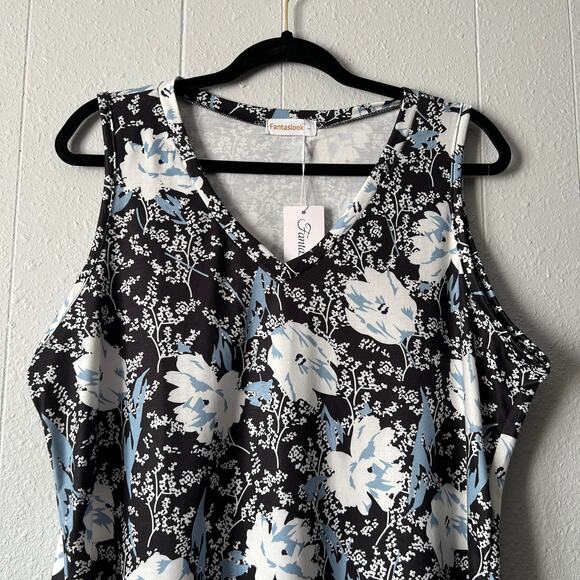 Fantaslook Top Women Large Dark Floral Stretch Minimalist Career Workwear Casual - Picture 3 of 12